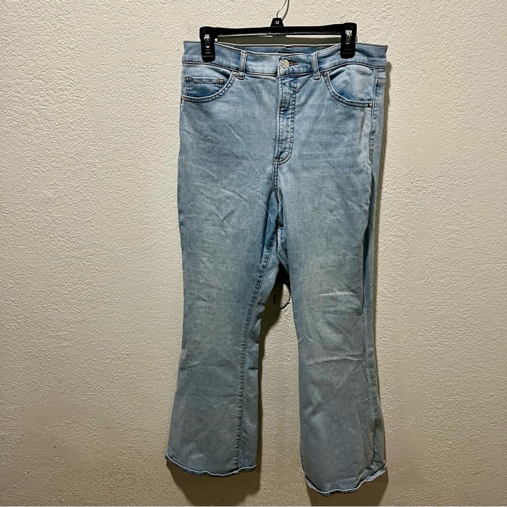 Express Super High Rise Flare Jeans in Light Blue